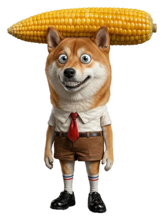 Corny Inu, a Shiba Inu in a white shirt, red tie, brown shorts and striped socks, balancing a giant ear of corn on his head